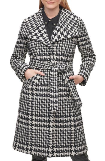 Karl Lagerfeld Paris Puff Sleeve Belted Coat In Black/white