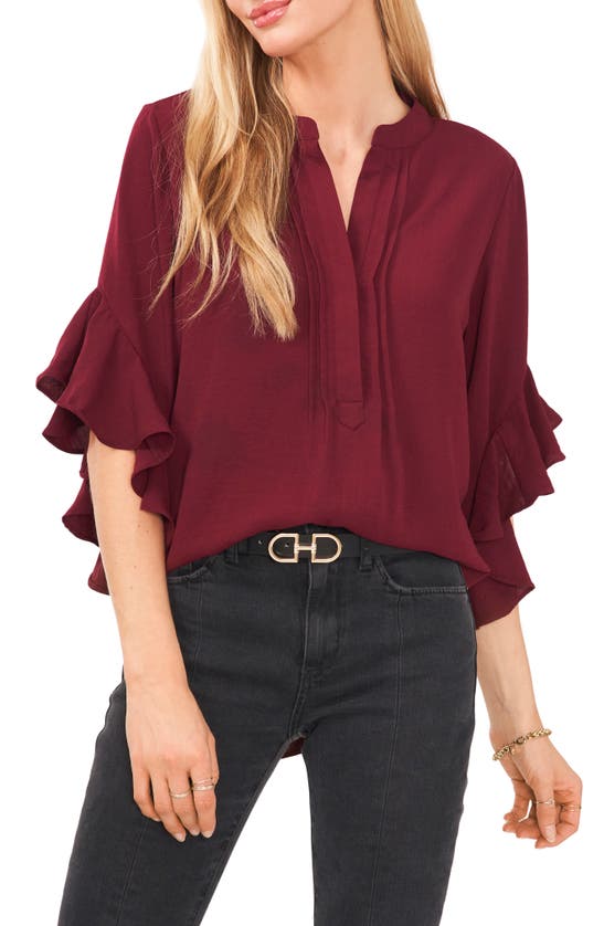 Vince Camuto Women's Ruffle Sleeve Henley Blouse In Crisp Merlot
