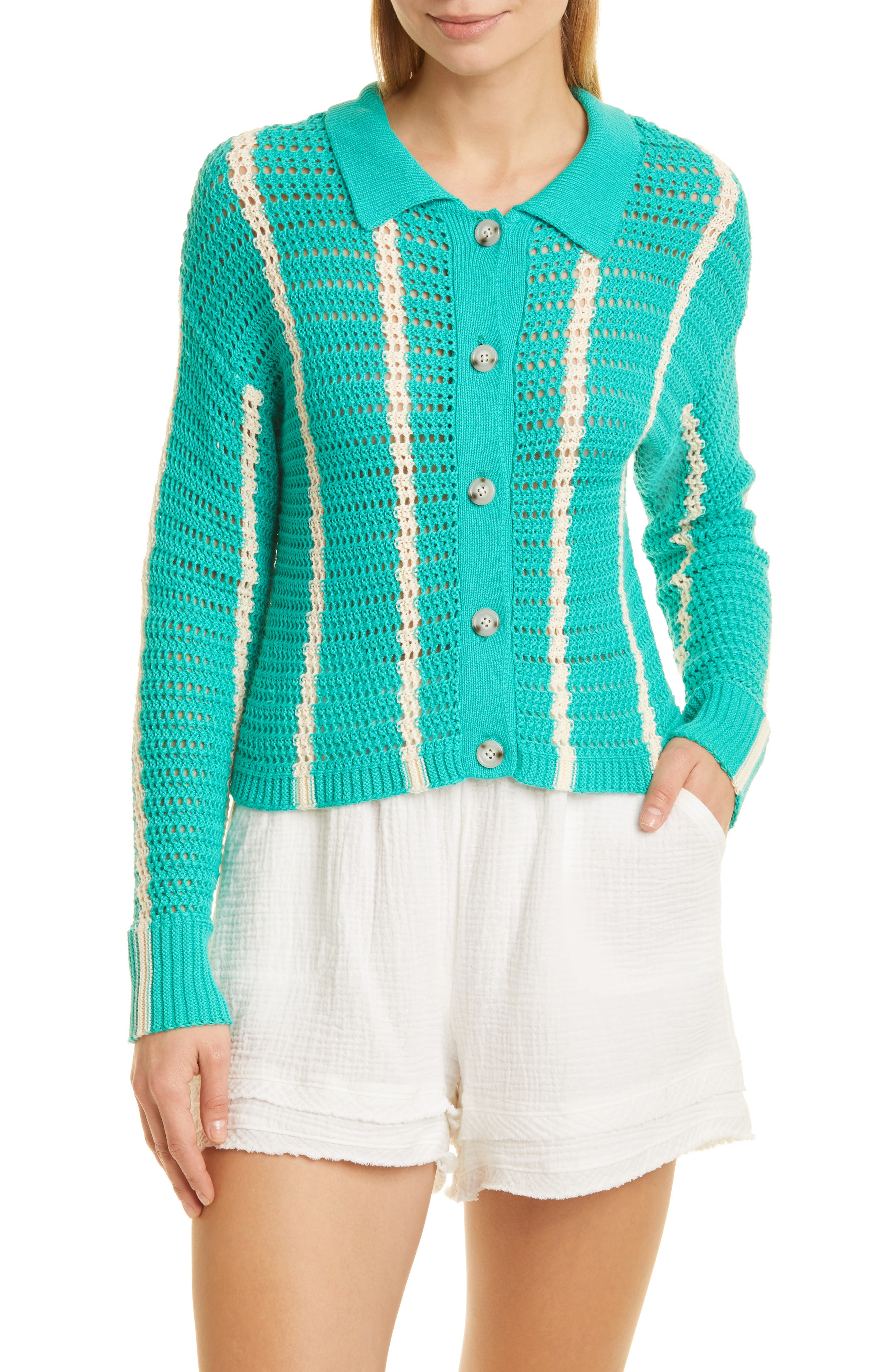 Monrow Vertical Stripe Organic Cotton Crochet Cardigan in Peacock Green/Buttercream at Nordstrom, Size Medium