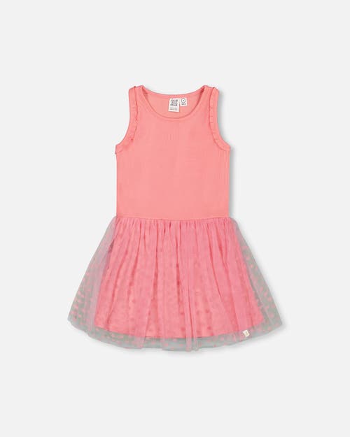 Deux Par Deux Girl's Shiny Ribbed Dress With Mesh Flocking Flowers Pink at Nordstrom