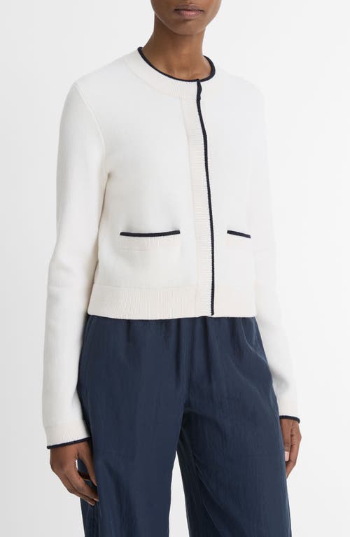 Vince Contrast Tipped Snap Front Cardigan In Off White/coastal