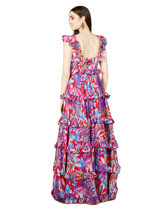 Shop Lara New York Printed Gown With Ruffle Skirt In Red