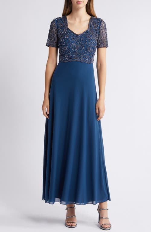 Shop Pisarro Nights Beaded Bodice A-line Gown In New Petrol Blue