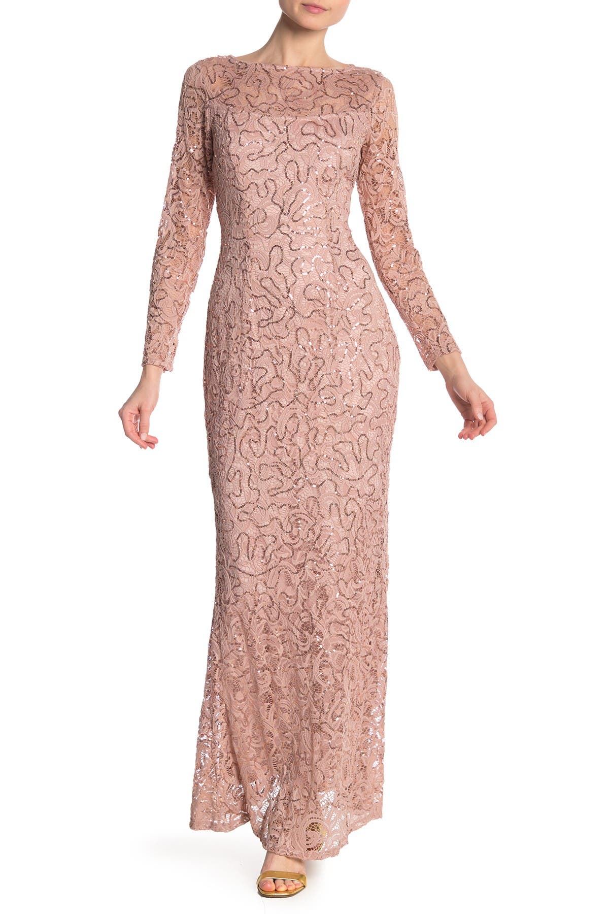 Marina Sequin Lace Long Sleeve Gown In Open Beige17