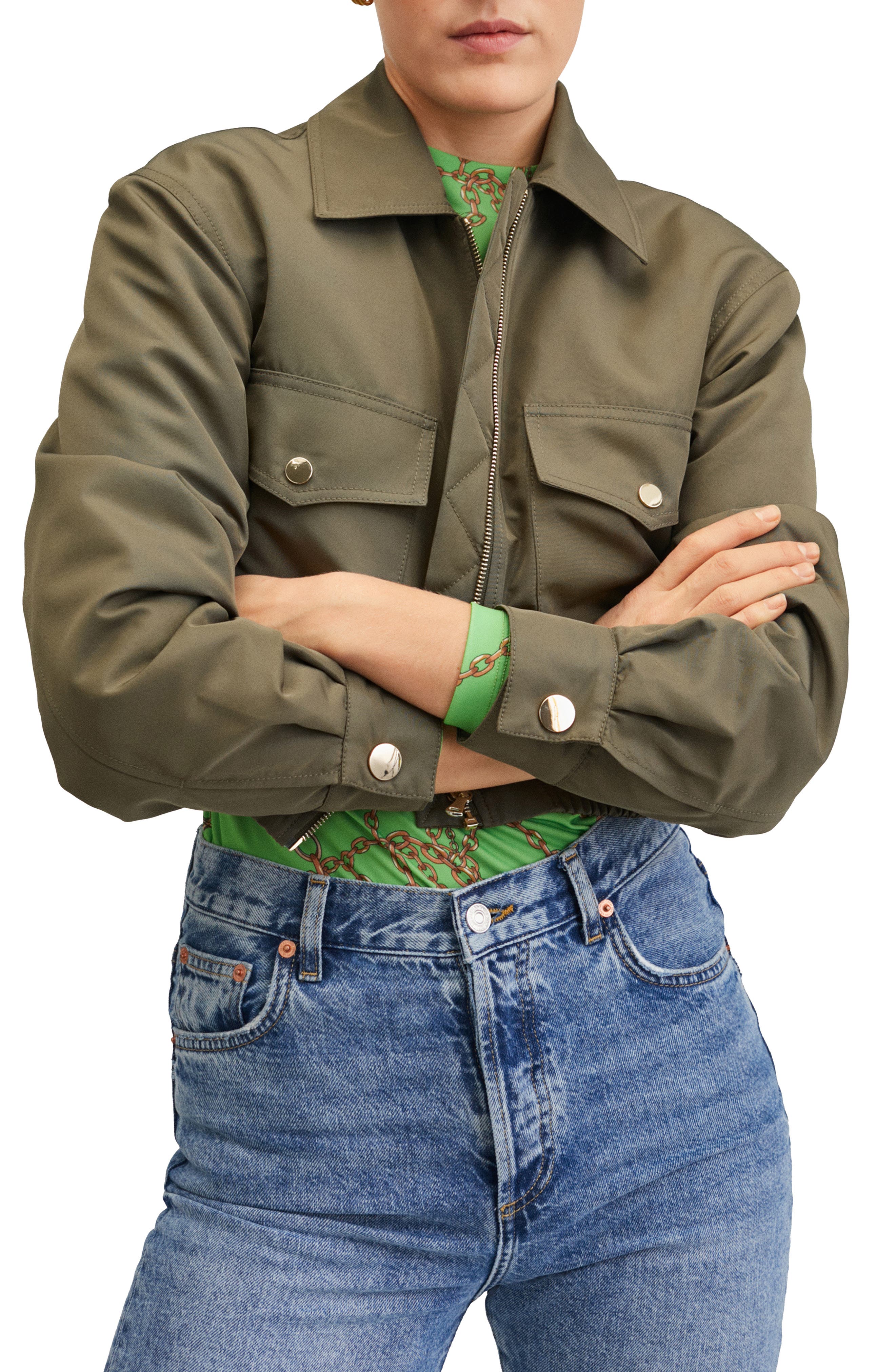 Mango - Cropped Jacket with Pockets Khaki - L - Women