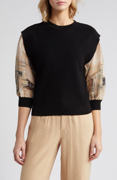 DKNY Organza Sleeve Mixed Media Sweater in Black/Ivory/Sandalwood Multi at Nordstrom, Size X-Small
