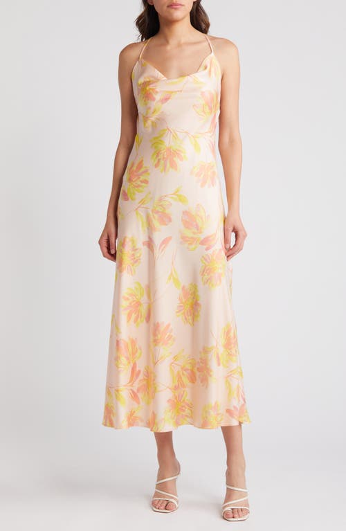 The Lolita Cowl Neck Satin Gown in Peach Floral