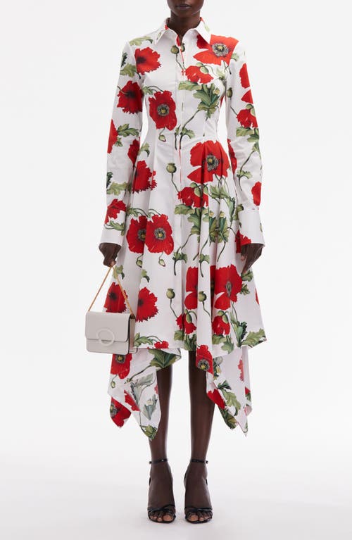 Oscar De La Renta Poppy Print Long Sleeve Handkerchief Hem Shirtdress In White/red