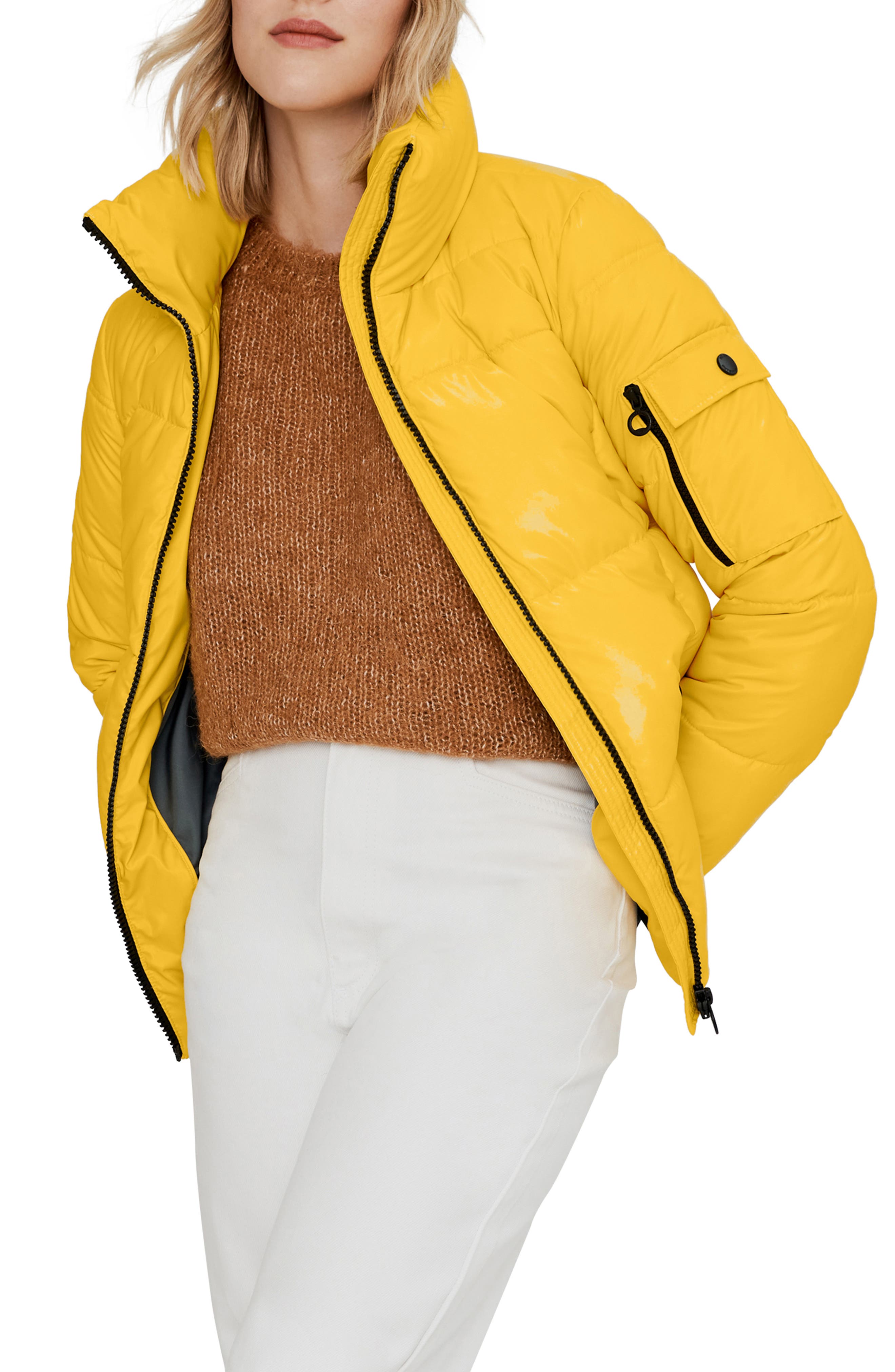 yellow hooded puffer jacket