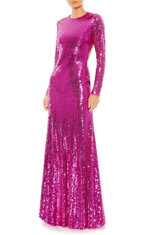 Mac Duggal Sequin Open Back Long Sleeve Column Gown Fuchsia at Nordstrom,