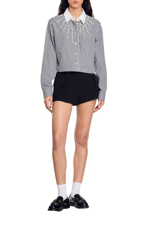 Shop Sandro Cropped Shirt With Rhinestone Bib In Black