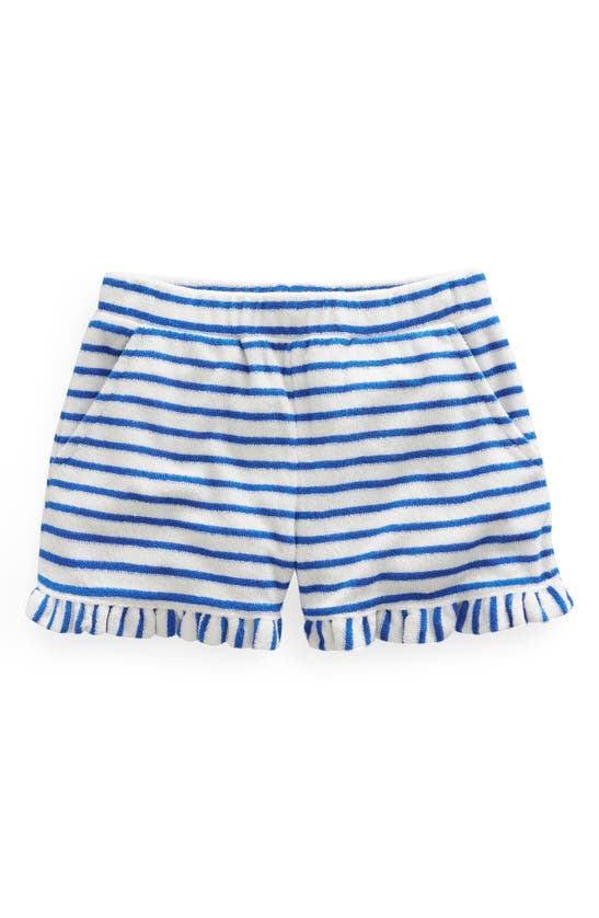 Boden Kids' Stripe Ruffle Hem Terry Shorts In Cabana Blue/ivory