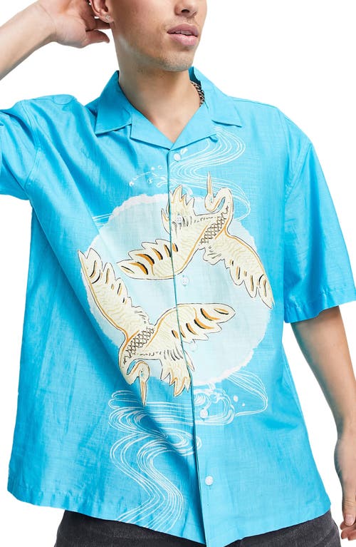 Topman Crane Oversize Short Sleeve Button-Up Camp Shirt in Turquoise