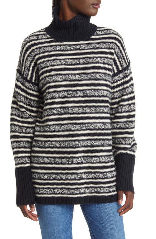 Nordstrom Signature Stripe Mock Neck Cashmere Sweater in Black- Ivory Marl Stripe