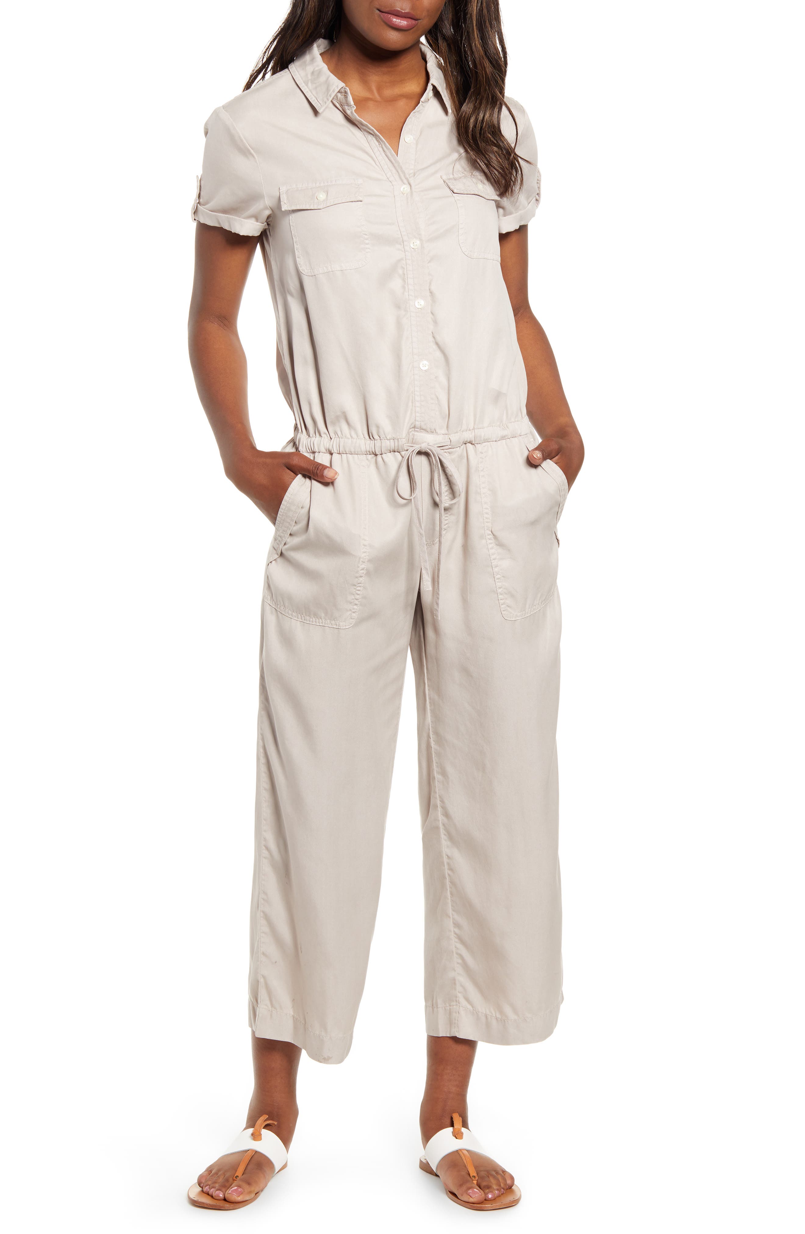 Vineyard Vines Utility Tie Waist Short Sleeve Jumpsuit, Beige