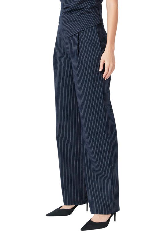 Endless Rose Stripe Pleat High Waist Pants In Navy
