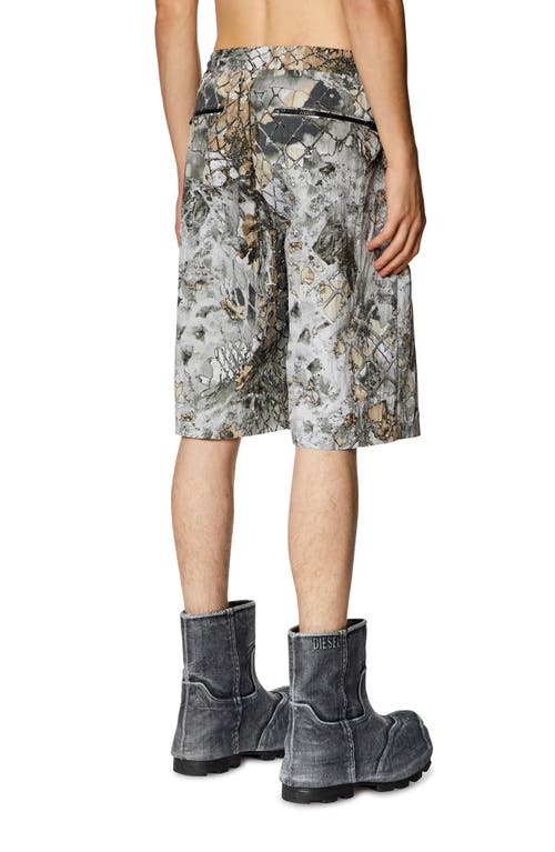 Shop Diesel ® P-mckell-short Abstract Print Crinkled Nylon Shorts In Grey/tan/brown