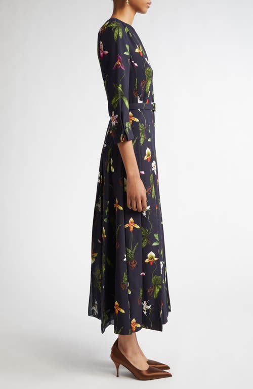 Shop Oscar De La Renta Orchid Print Chiffon Inset Cady Dress In Navy Multi