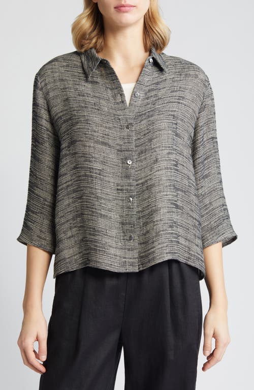Eileen Fisher Jacquard Organic Linen Blend Button-up Shirt In Black/natural