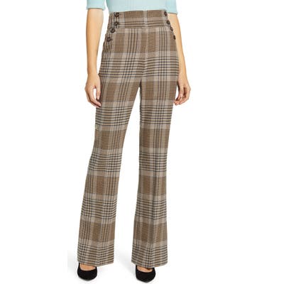 Halogen X Atlantic-Pacific Button Detail Plaid Flare Pants, Brown (Nordstrom Exclusive)
