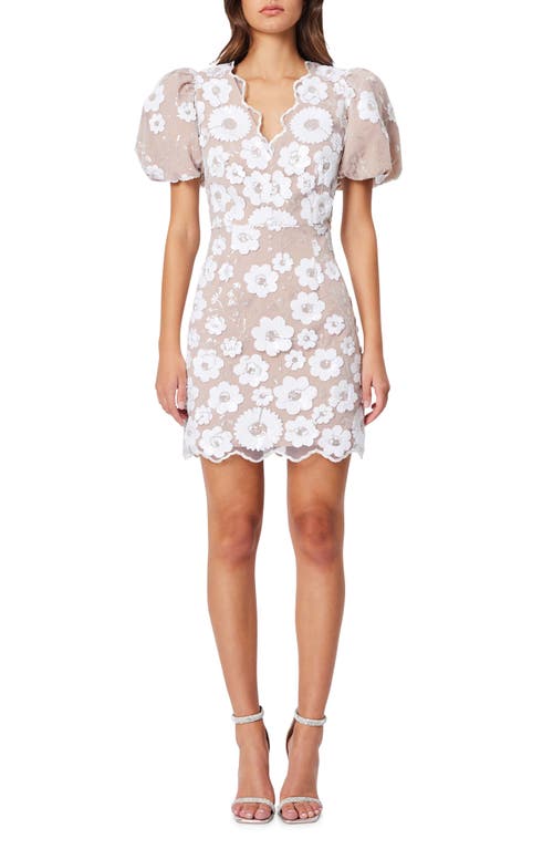 Elliatt Elodie Floral Appliqué Puff Sleeve Minidress in Ivory Beige 