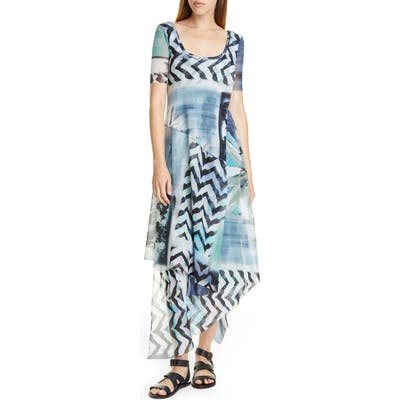 Fuzzi Floral & Chevron Print Asymmetrical Maxi Dress, Blue