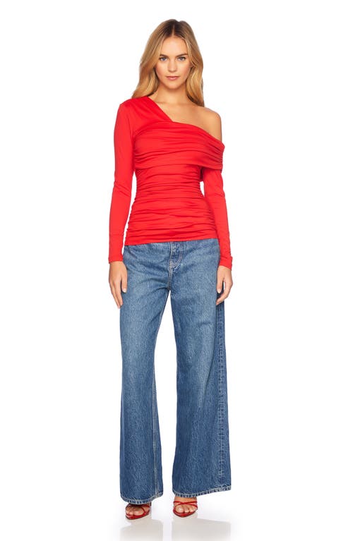 Shop Susana Monaco Asymmetric Off The Shoulder Ruched Long Sleeve Top In Perfect Red