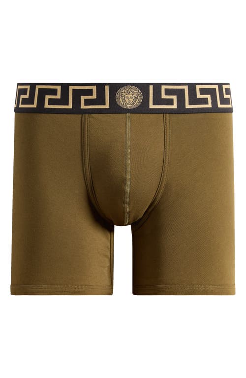 Versace Greek Key Jersey Boxer Briefs In Dark Olive Black-gold