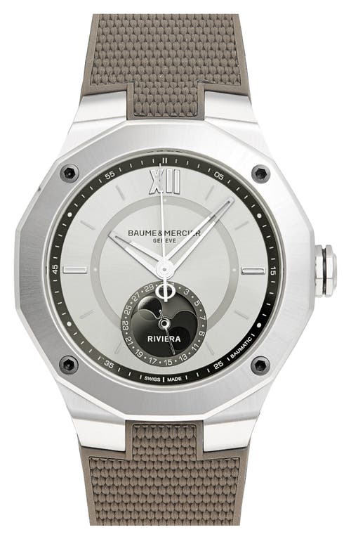 Baume & Mercier Riviera 10681 Automatic Moon Phase Rubber Strap Watch, 43mm in Sand Coloured at Nordstrom