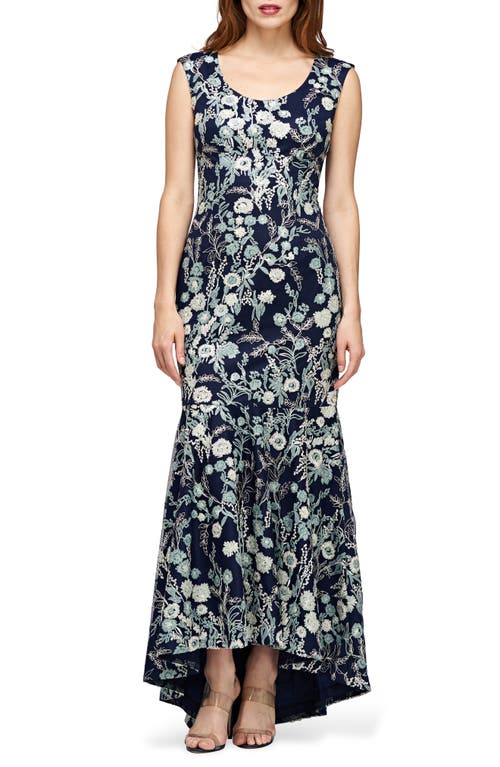 Rosaline Floral Embroidered High-Low Gown in Navy/Sage