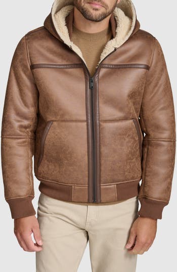 Andrew Marc Crackle Faux Shearling Lined Faux Leather Jacket In Brown