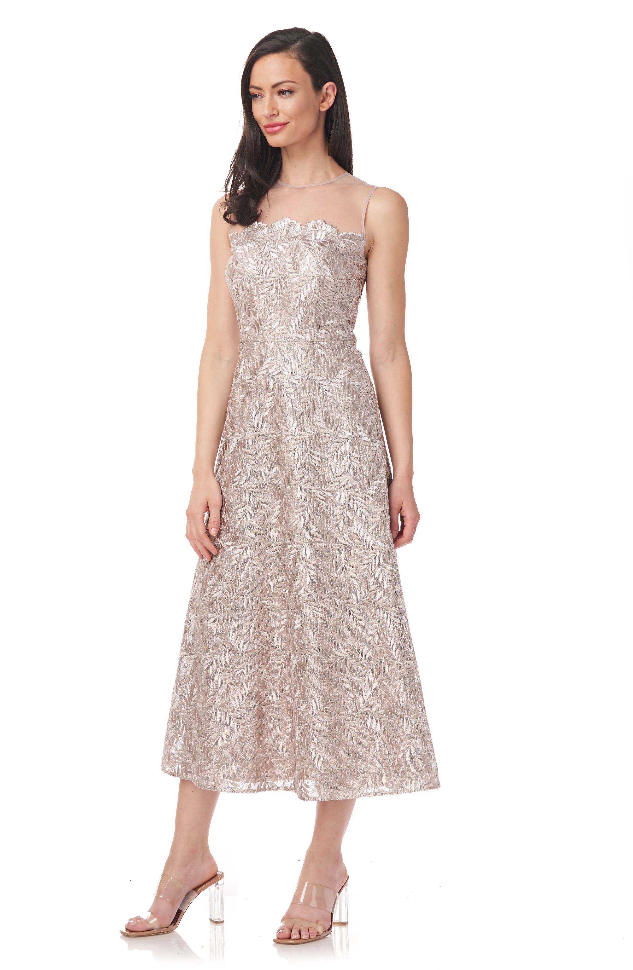 lustrous embroidered lace dress in silver