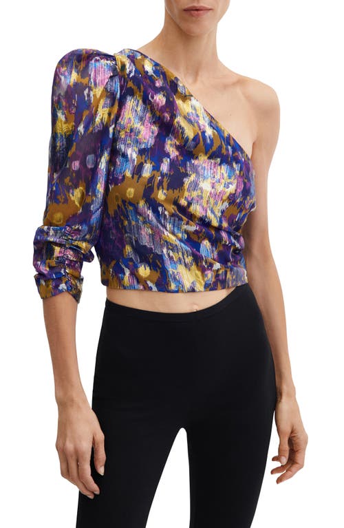 MANGO Metallic Jacquard One-Shoulder Crop Top Purple at Nordstrom,