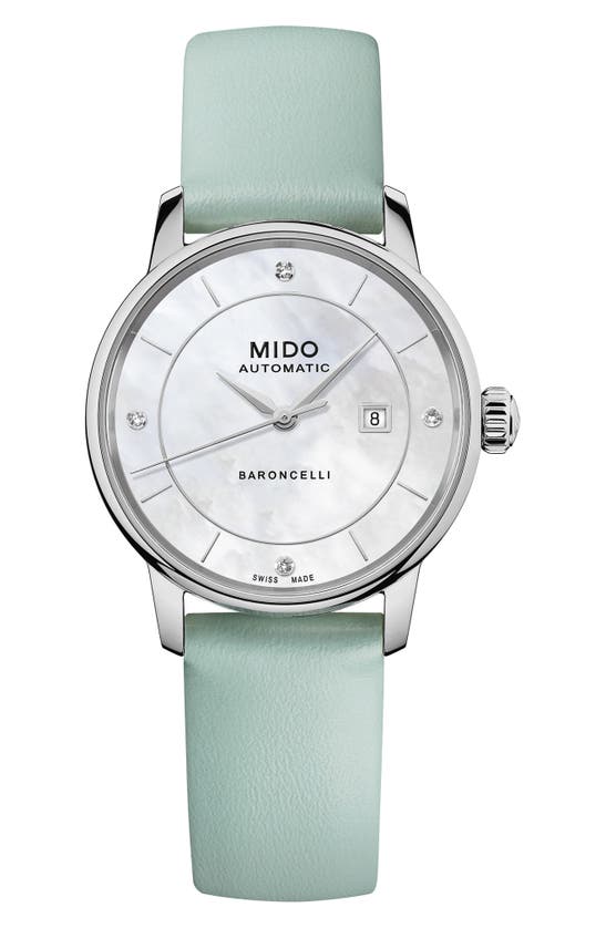 Shop Mido Baroncelli Signature Lady Colors Leather Strap Watch, 30mm In Mother Of Pearl/ Multi