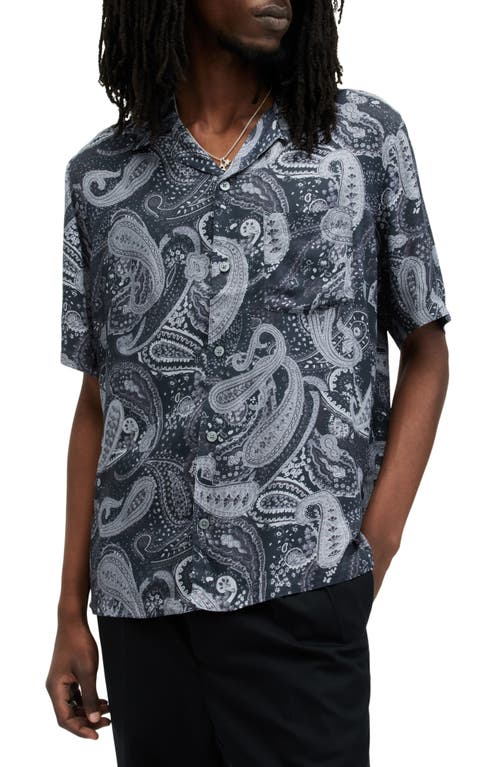AllSaints Zowie Relaxed Fit Paisley Print Camp Shirt Depth Blue at Nordstrom,