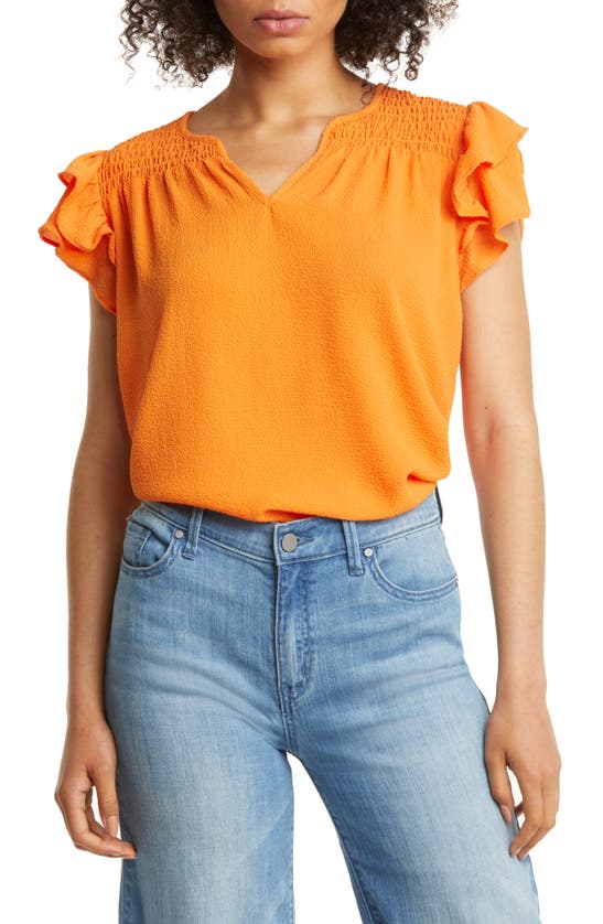 Vince Camuto Smocked Flutter Sleeve Blouse In Sunset Orange | ModeSens