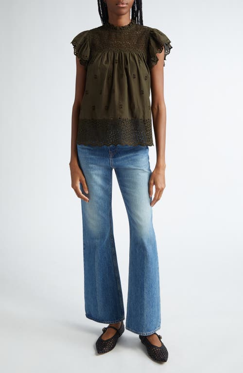 Shop Ulla Johnson Kassi Eyelet Flutter Sleeve Cotton Top In Militaire