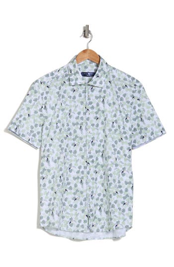 Stone Rose Leaf Print Short Sleeve Button-up Shirt In Green