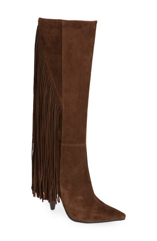 Jeffrey Campbell Galloping Knee High Fringe Boot In Brown Suede