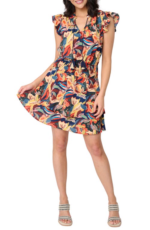Isla Floral Smocked Waist Flutter Sleeve Minidress in Abstract Painterly Floral