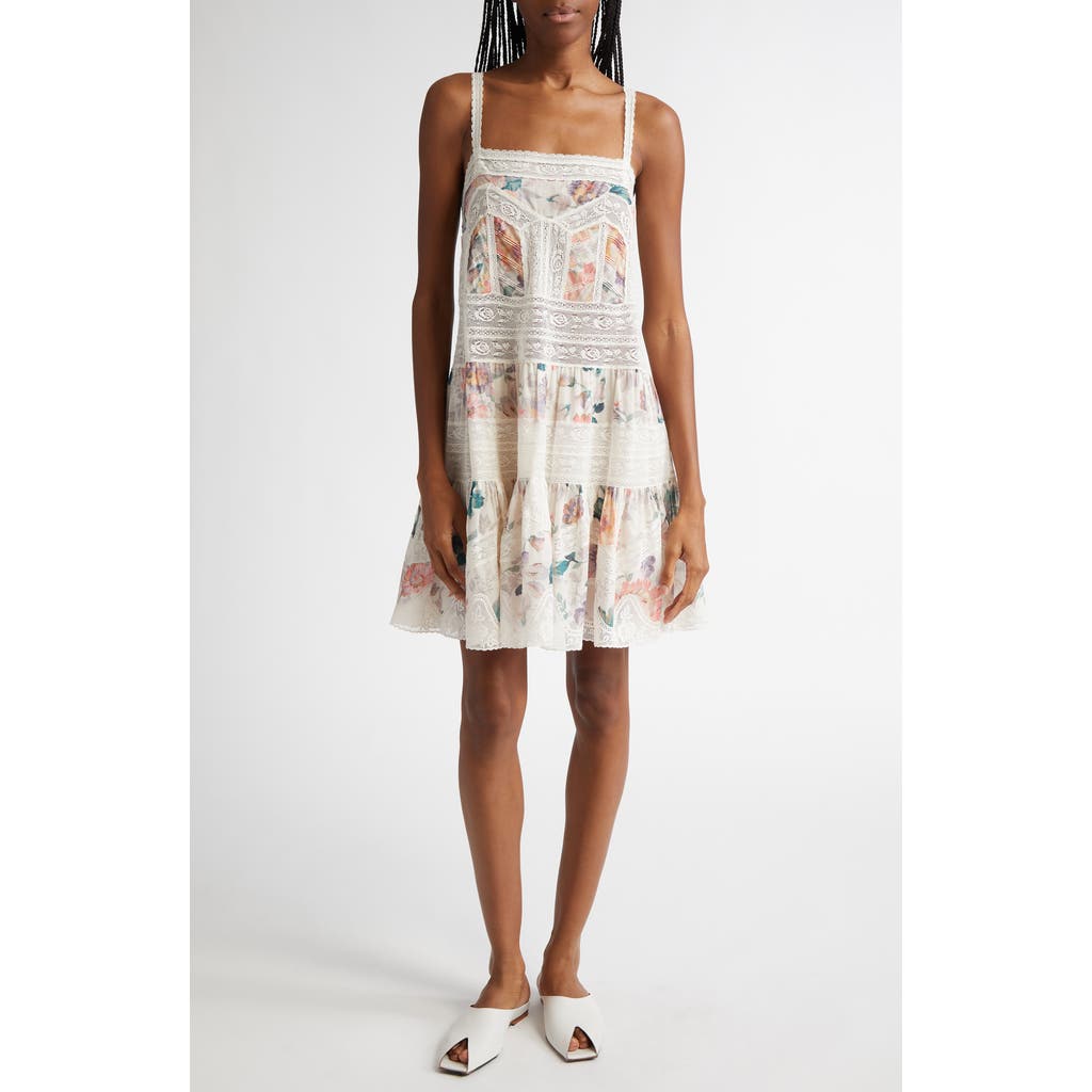 Shop Zimmermann Acacia Watercolor Floral & Lace Trim Minidress In Cream Multi Floral