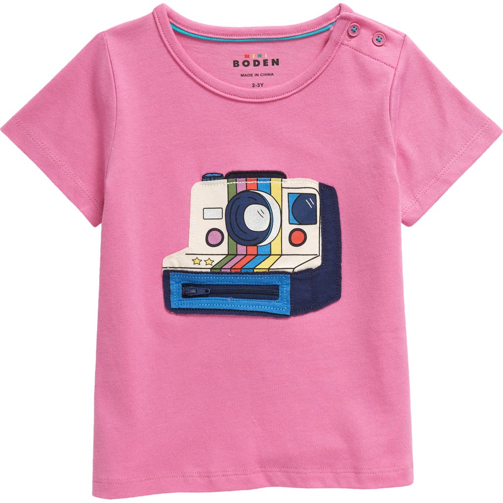 Mini Boden Kids' Camera Appliqué Cotton T-shirt In Strawberry Ice Polaroid