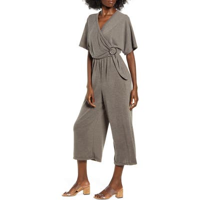 All In Favor Wrap Front Wide Leg Crop Jumpsuit, Grey
