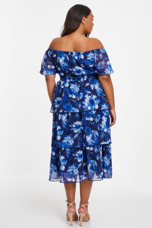 Shop Quiz Chiffon Floral Bardot Tiered Midi Dress In Blue