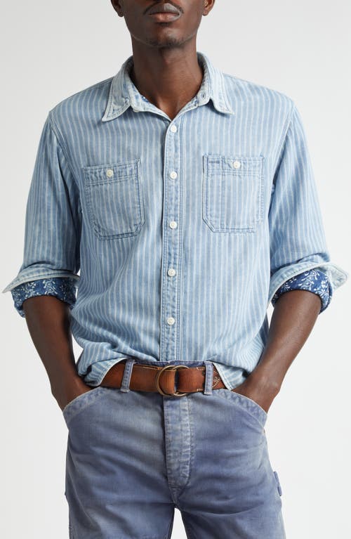 Double RL Faded Denim Stripe Button-Up Shirt in Rl-721 Striped/Indigo Print 