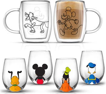 Vintage Mickey Mouse Glass Handle Mugs Walt Disney Productions 