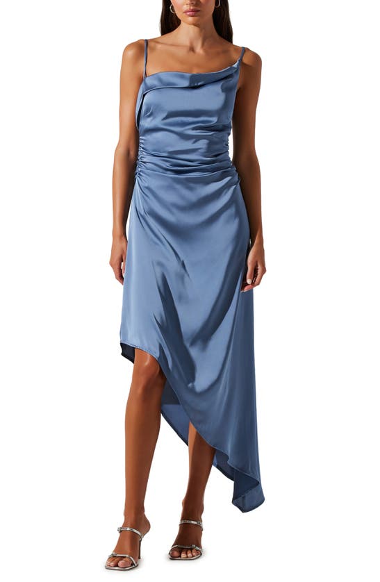 Shop Astr Mirie Asymmetric Satin Dress In Slate Blue
