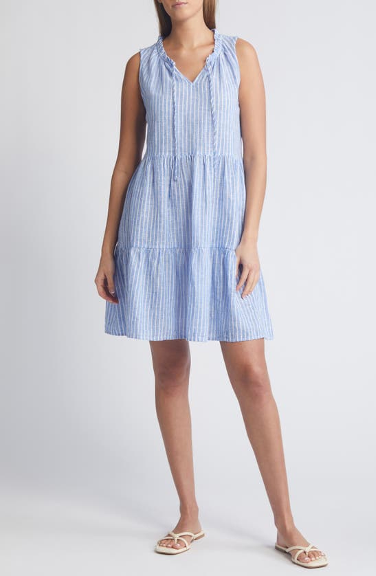 Beachlunchlounge Belle Stripe Tiered Linen & Cotton Dress In Provence Blue