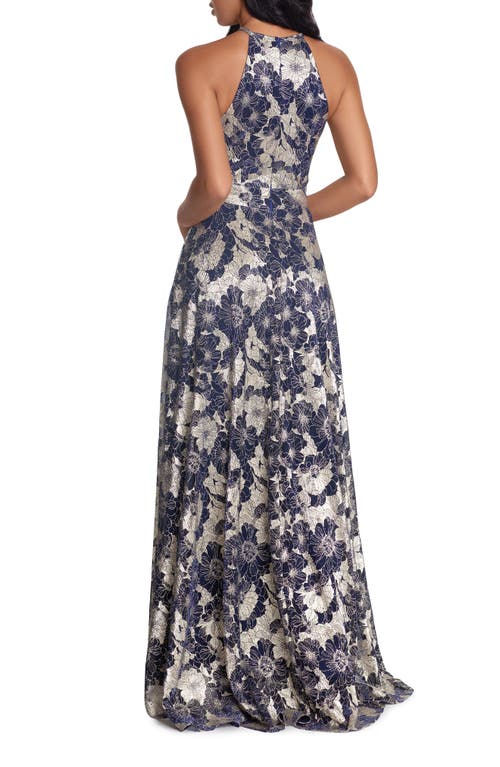 Shop Betsy & Adam Metallic Floral Halter Top Gown In Navy/gold