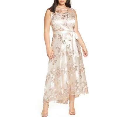 Plus Size Tahari Embroidered Mesh Gown, White